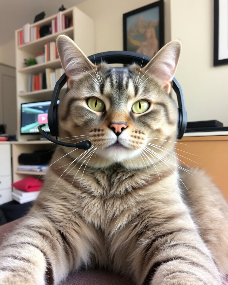 A tabby cat wearing a communications headset
